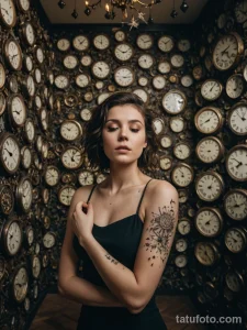 Фотография девушки с татуировкой цветка и часов на руке, стоящей на фоне стены, увешанной старинными часами.