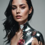 Фотография девушки с татуировкой красной розы на шее и плече. Роза изображена реалистично, на фоне металлической поверхности.