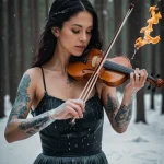 Фотография девушки, играющей на скрипке, с татуировками на руках. Татуировки выполнены в черном цвете и изображают цветы и музыкальные мотивы.