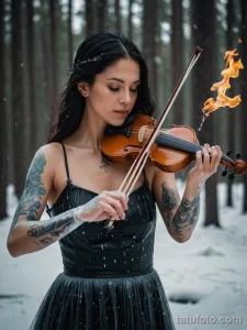 Фотография девушки, играющей на скрипке, с татуировками на руках. Татуировки выполнены в черном цвете и изображают цветы и музыкальные мотивы.