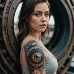 Фотография татуировки в стиле биомеханика на плече девушки. Изображение представляет собой реалистичный глаз, интегрированный в механические детали.