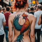 Фотография татуировки Феникса на женской спине. Птица изображена в ярких цветах, с распахнутыми крыльями и детально проработанными перьями.