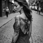 cinematic photo of a woman walking through a silent, grayscale city, her tattoo of a vibrant, colorful hummingbird on her should №20 - tatufoto.com