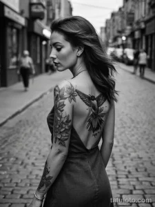 cinematic photo of a woman walking through a silent, grayscale city, her tattoo of a vibrant, colorful hummingbird on her should №20 - tatufoto.com