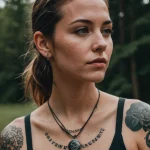 cinematic photo of a woman who is a living embodiment of the internet, chaotic and full of information, her tattoo is a simple, №21 - tatufoto.com