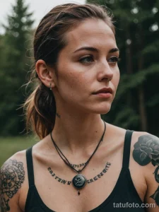 cinematic photo of a woman who is a living embodiment of the internet, chaotic and full of information, her tattoo is a simple, №21 - tatufoto.com