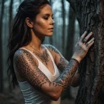 cinematic photo of a woman whose body is covered in glowing, runic tattoos, she is touching a dead, withered tree, and lines of №22 - tatufoto.com