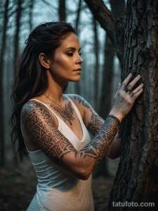 cinematic photo of a woman whose body is covered in glowing, runic tattoos, she is touching a dead, withered tree, and lines of №22 - tatufoto.com