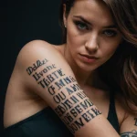 cinematic photo of a woman whose body is covered in writing, like a living manuscript, her tattoo is a single, bold delete key №23 - tatufoto.com