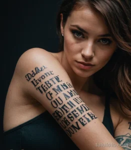 cinematic photo of a woman whose body is covered in writing, like a living manuscript, her tattoo is a single, bold delete key №23 - tatufoto.com