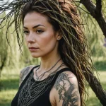 cinematic photo of a woman whose body is woven from the branches of a weeping willow, her tattoo is a tiny, mechanical bird, try №25 - tatufoto.com