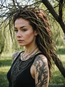 cinematic photo of a woman whose body is woven from the branches of a weeping willow, her tattoo is a tiny, mechanical bird, try №25 - tatufoto.com
