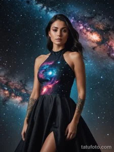 cinematic photo of a woman whose dress is a galaxy, her tattoo is a black hole on her shoulder, slowly pulling the stars from he №26 - tatufoto.com