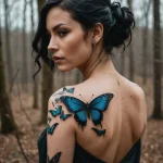 cinematic photo of a woman whose hair is a swarm of beautiful, dark butterflies, her tattoo is a single, perfect chrysalis on he №27 - tatufoto.com