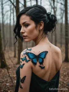 cinematic photo of a woman whose hair is a swarm of beautiful, dark butterflies, her tattoo is a single, perfect chrysalis on he №27 - tatufoto.com