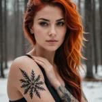 cinematic photo of a woman whose hair is made of fire, her tattoo is a single, perfect snowflake on her wrist that does not melt №28 - tatufoto.com