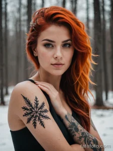 cinematic photo of a woman whose hair is made of fire, her tattoo is a single, perfect snowflake on her wrist that does not melt №28 - tatufoto.com