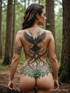 cinematic photo of a woman whose lower body is a beautiful, intricate root system, planted in the earth, her tattoo of a bird on №29 - tatufoto.com