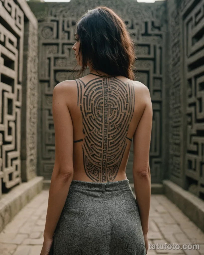 cinematic photo of a woman with her back to the camera, she has a tattoo of a beautiful, intricate labyrinth with no exit on her №31 - tatufoto.com