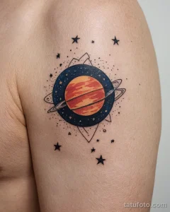 Яркое фото татуировки с изображением планеты, окруженной звездами и геометрическими фигурами на плече.