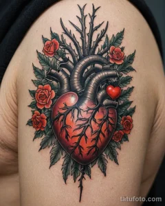 close up, a neo traditional tattoo of a heart with needles №38 - tatufoto.com