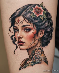 close up, a neo traditional tattoo of a lady head №39 - tatufoto.com