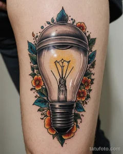 close up, a neo traditional tattoo of a lightbulb №41 - tatufoto.com