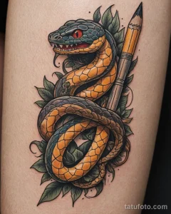 close up, a neo traditional tattoo of a pencil and a snake №42 - tatufoto.com