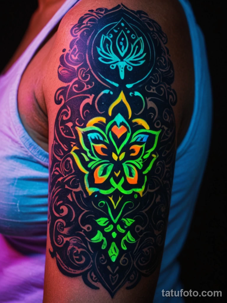 close up shot of a UV reactive tattoo under a blacklight The focus is on the intense, vibrant glow of the special ink against t №10 - tatufoto.com