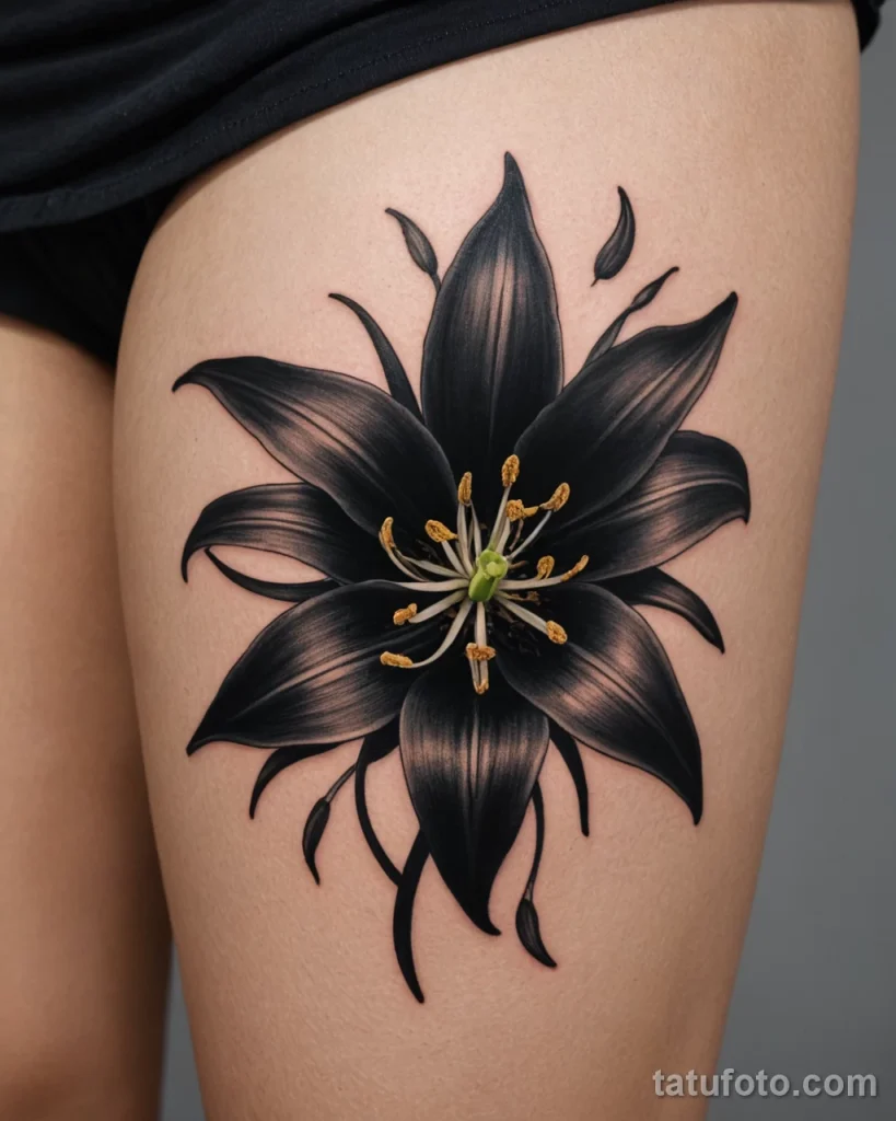 close up shot of a tattoo of a single, black lily, its petals are velvety and dark №44 - tatufoto.com