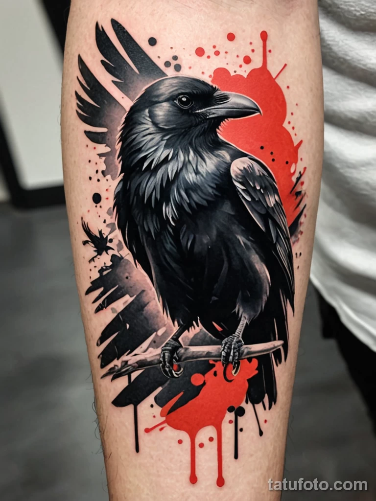 close up shot of a trash polka style tattoo The focus is on the chaotic mix of realistic imagery (a crow), abstract brushstroke №09 - tatufoto.com