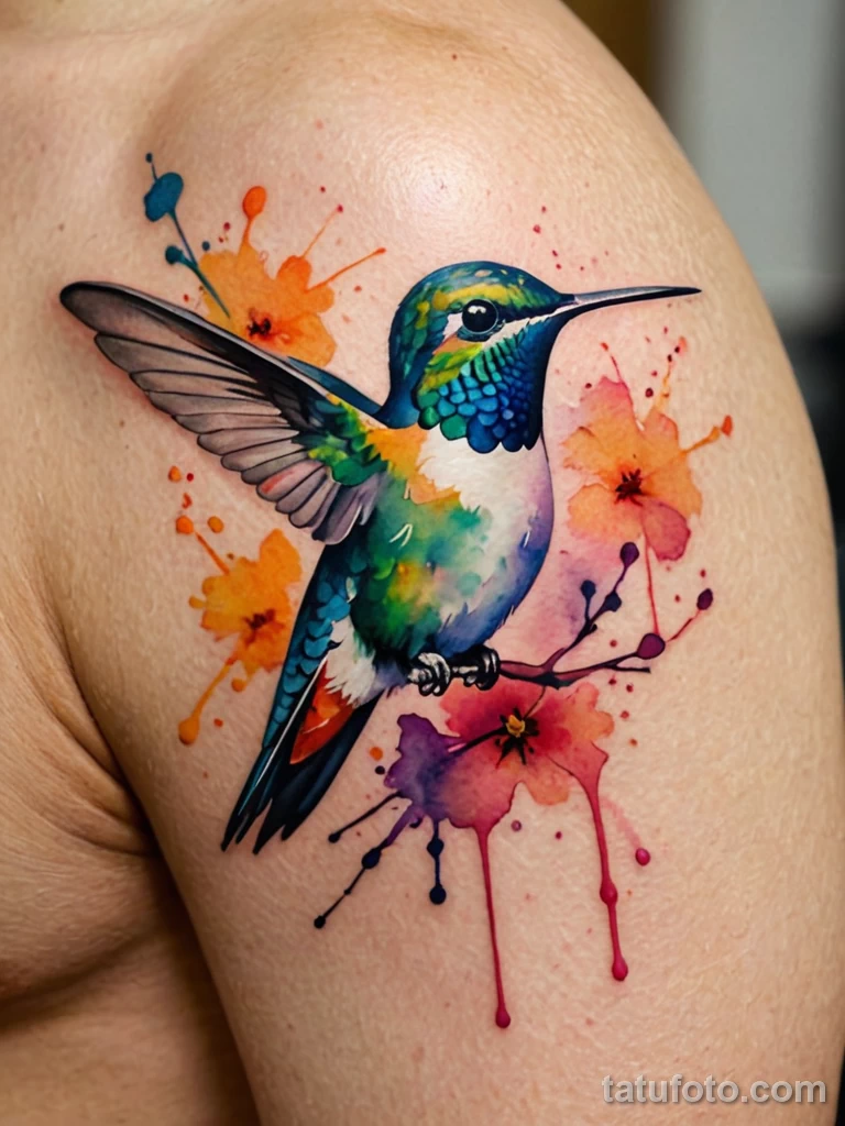 close up shot of a watercolor style tattoo of a hummingbird The focus is on the soft, blended colors that look like real waterc №11 - tatufoto.com