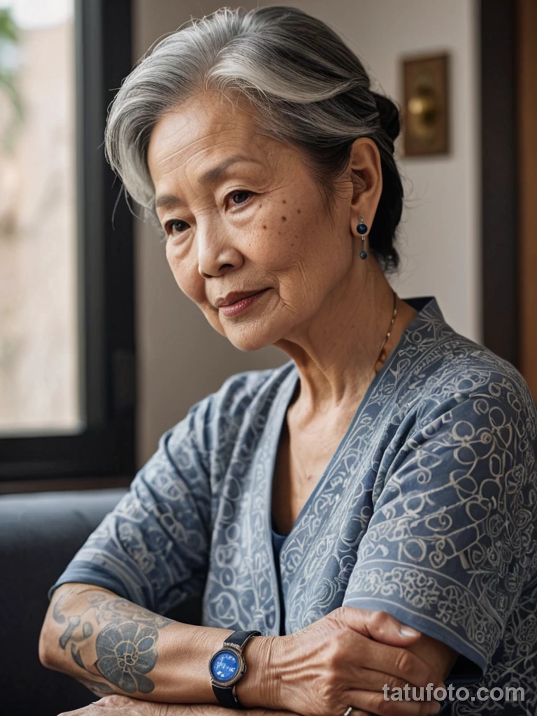 elderly East Asian woman with sapphire glowing dots as tattoo ID near wrist, checking smart home lock with grace, traditional ho 2025 №34 - tatufoto.com