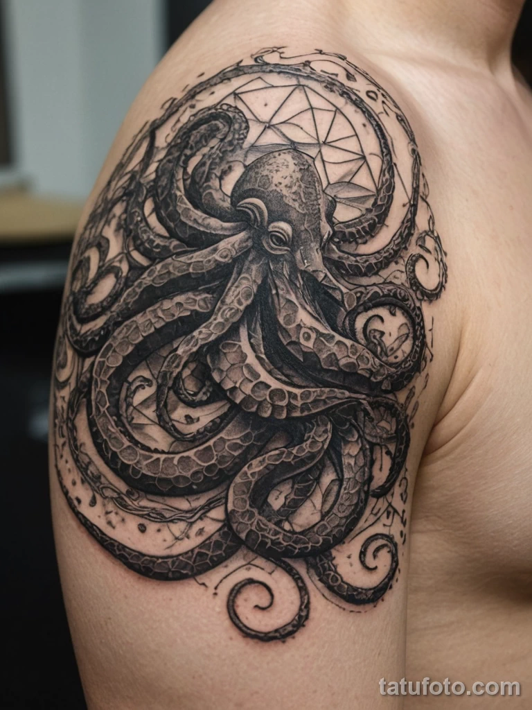 extreme close up of a dotwork tattoo on a shoulder blade, a geometric kraken whose head is the north pole of a vintage world map №25 — tatufoto.com