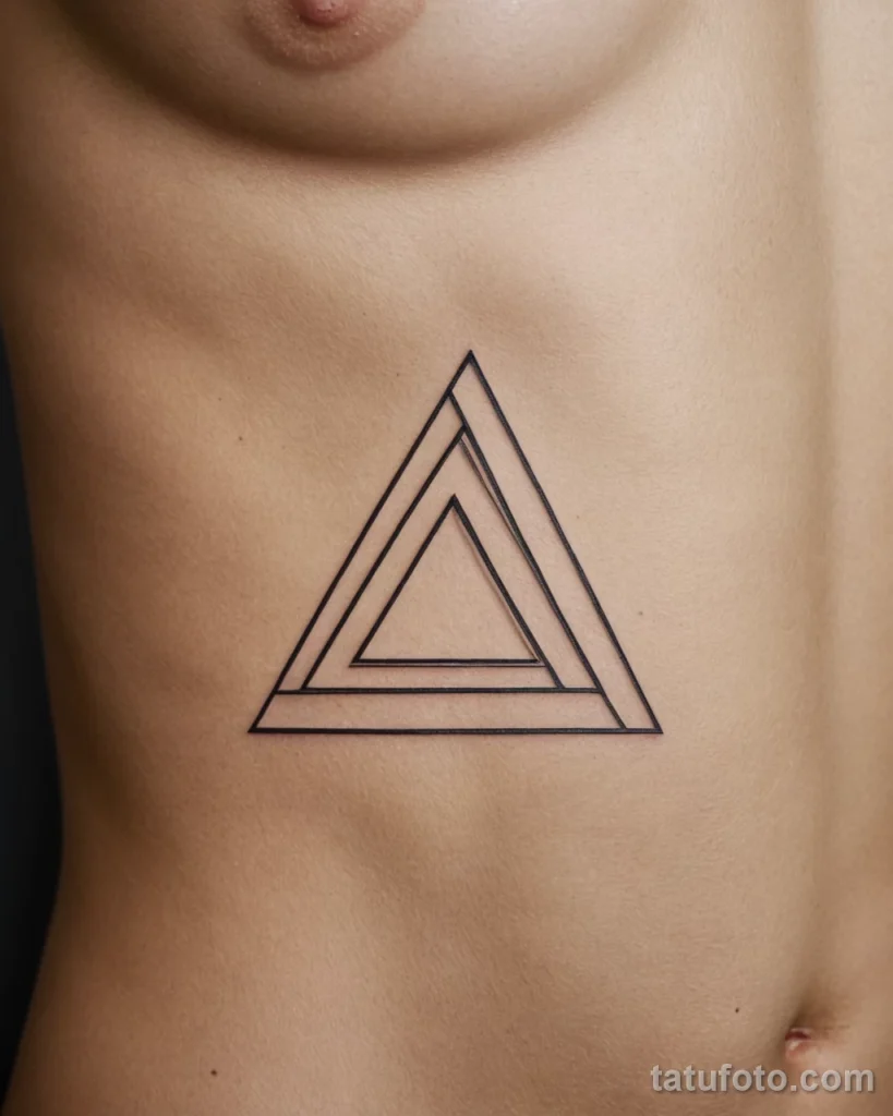 extreme close up of a fine line tattoo on the ribs, a single, continuous line forming a beautiful, but unsolvable, Penrose trian №45 - tatufoto.com