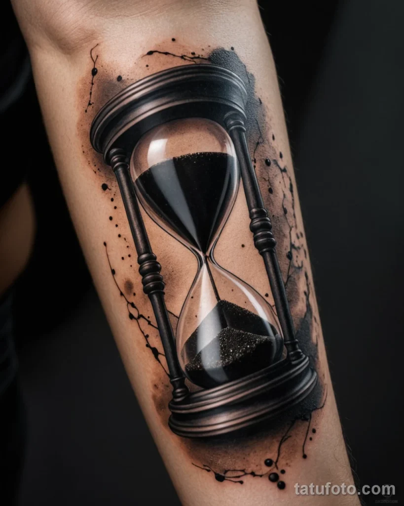 extreme close up of a tattoo on a forearm, realistic skin texture, the tattoo is a beautiful, ornate hourglass, its glass is cra _1 №50 - tatufoto.com