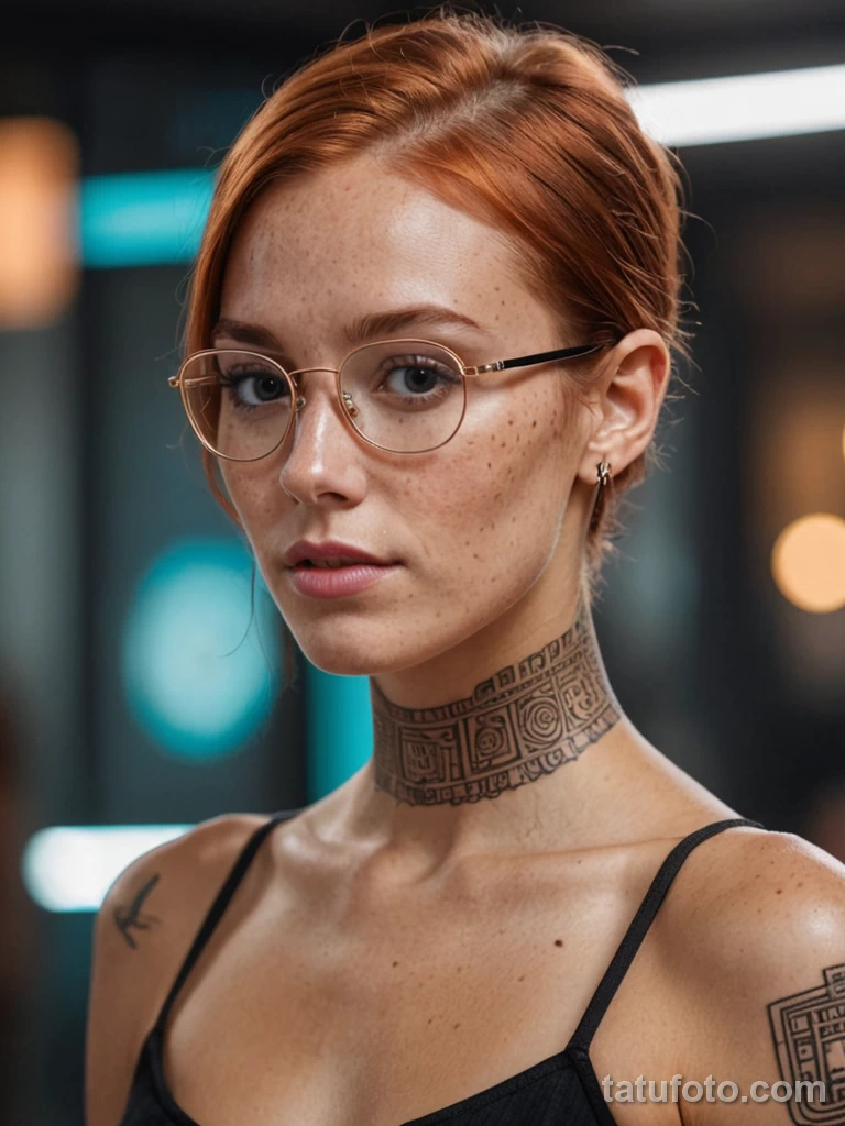 freckled young woman with copper toned skin, stylized circuit tattoo behind the ear, unlocking AR interface projected from glass 2025 №37 - tatufoto.com