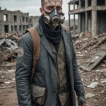 Фотография мужчины в постапокалиптическом образе с татуировками на лице и шее, в окружении разрушенных зданий.