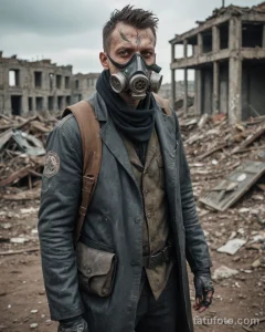 Фотография мужчины в постапокалиптическом образе с татуировками на лице и шее, в окружении разрушенных зданий.