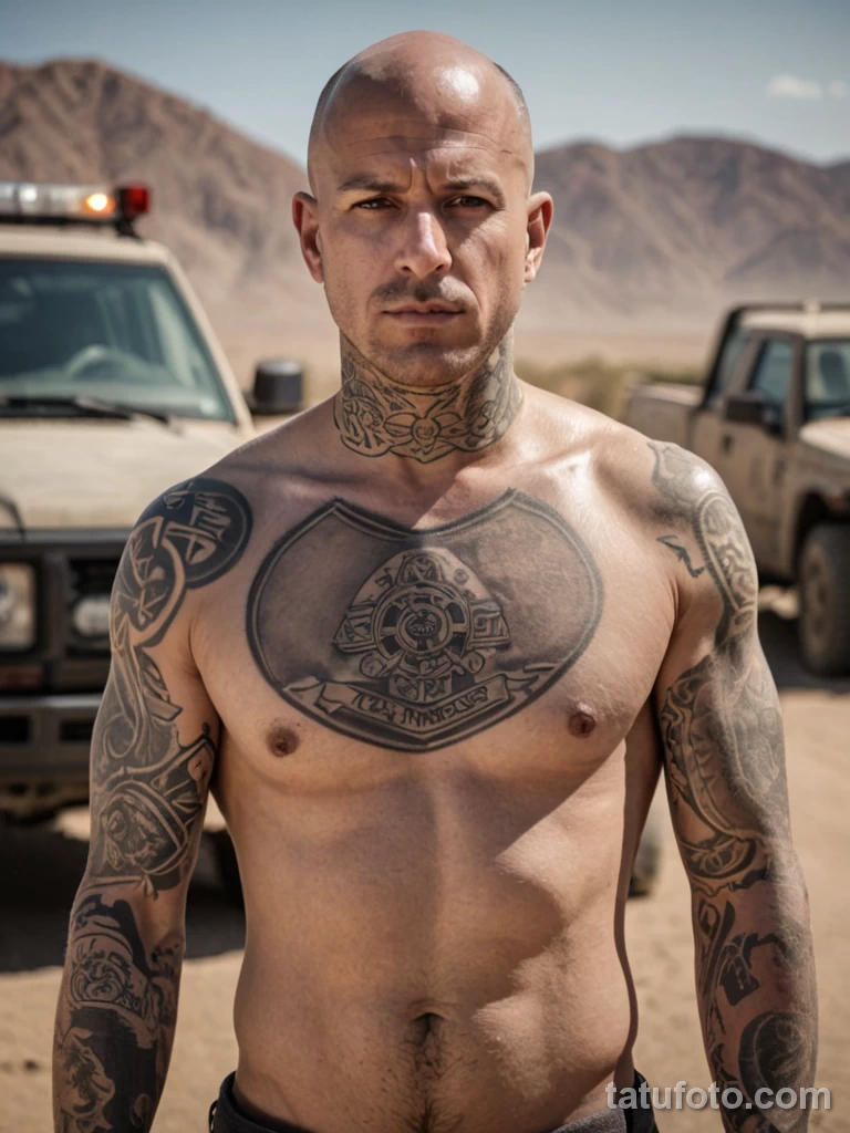 heavily tattooed bald man with chest tattoo acting as full ID pass, crossing a border checkpoint with digital reader scanning en 2025 №39 - tatufoto.com