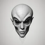 Эскиз татуировки: реалистичное изображение инопланетного лица с большими черными глазами. Черно-белый рисунок, создающий загадочный и пугающий образ.