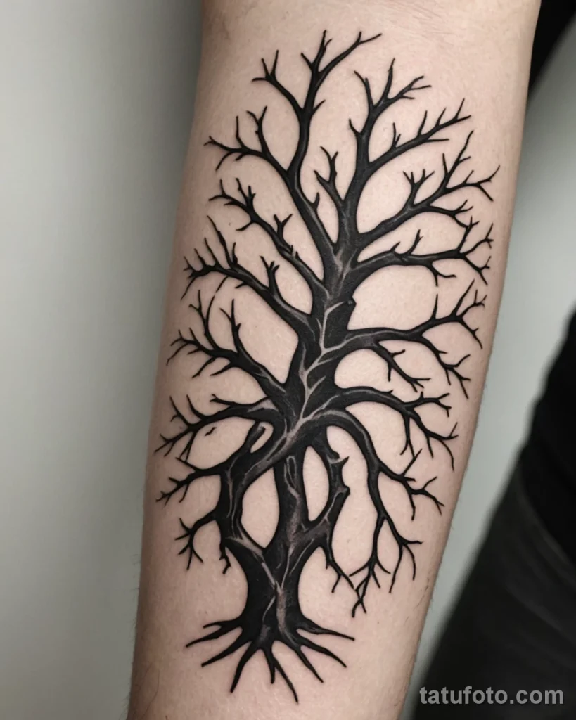 macro photo of a blackwork tattoo of a leafless, gnarled tree, its branches are sharp and look like skeletal fingers reaching ou _1 №65 - tatufoto.com