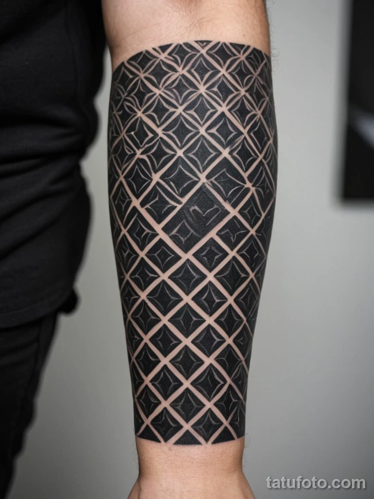 macro photo of a blackwork tattoo sleeve The focus is on the solid, dense black ink and the negative space that forms the patte №14 - tatufoto.com