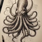 Черно-белый эскиз татуировки осьминога, окруженного рукописными заметками и зарисовками. Подходит для ценителей винтажного стиля и морской тематики.