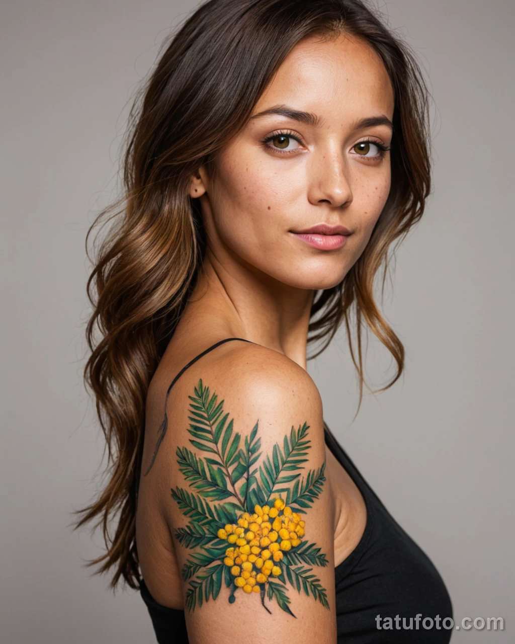 photorealistic portrait, a woman with a tan, a bright yellow mimosa branch tattoo along her arm, vibrant colors №34 — tatufoto.com