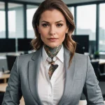 Фото тату: деловая женщина с татуировкой на шее в виде цветка и листьев. Черно-серый рисунок татуировки, реалистичный стиль, портретное фото.