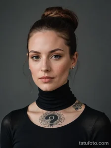 Фото тату: девушка с татуировкой в виде знака вопроса на шее. Черно-белый рисунок татуировки, минималистичный стиль, портретное фото.