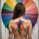Фото акварельной татуировки на спине девушки. Разноцветные брызги краски создают абстрактный и эффектный рисунок.