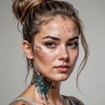 Фото татуировки на шее девушки: красочные брызги краски, выполненные в стиле абстракции. Оригинальный и смелый рисунок татуировки.