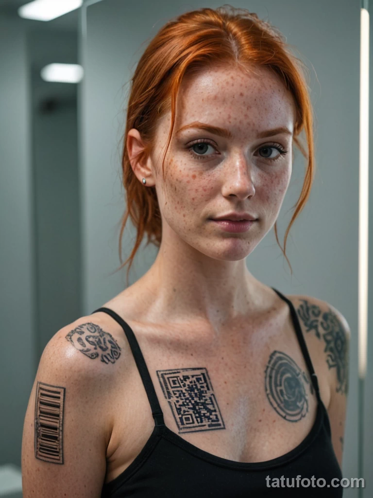 redhead female with freckles, digital barcode tattoo across collarbone, looking at herself in a smart mirror scanning the code, 2025 №62 - tatufoto.com